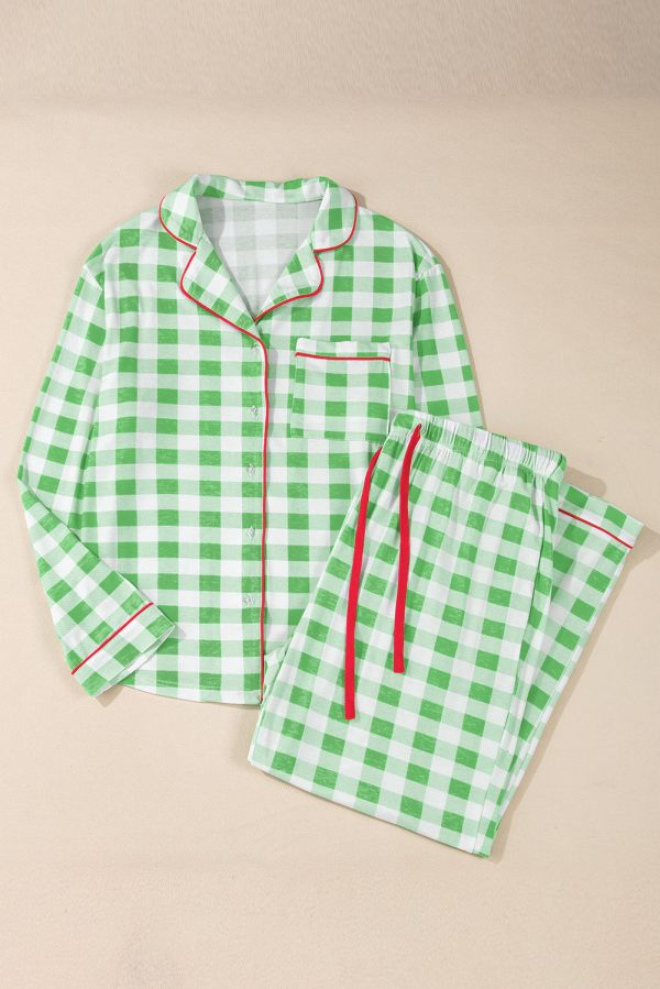 Green Plaid Print Contrast Trim Long Sleeve Plus Size Pajama Set Cheap