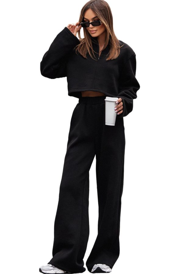 Black Zipped Collared Crop Top and Wide Leg Pants Set Hot on Sale - Image 5
