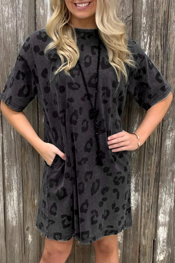 Gray Vintage Washed Leopard T-Shirt Dress with Pockets Fashion - Image 3