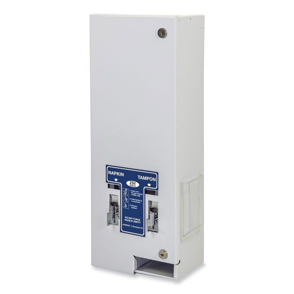 Dual Sanitary Napkin Tampon Dispenser, 25 Cent Coin Mechanism, 11.13 x 7.63 x 26.38, White Blue Online Sale - Image 2